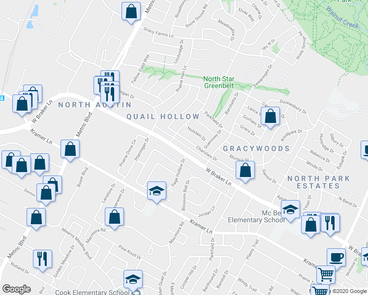 map of restaurants, bars, coffee shops, grocery stores, and more near 1604 West Braker Lane in Austin