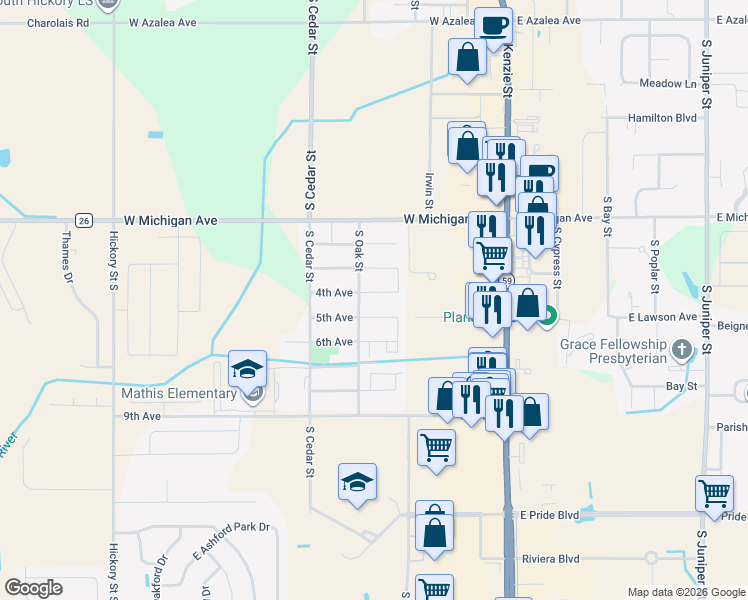map of restaurants, bars, coffee shops, grocery stores, and more near 301-399 5th Ave in Foley