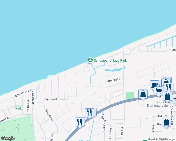 map of restaurants, bars, coffee shops, grocery stores, and more near 2709 Sunrunner Lane in Gulf Breeze