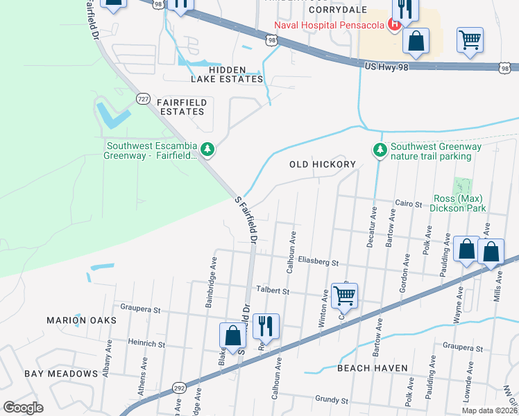 map of restaurants, bars, coffee shops, grocery stores, and more near 7695 Old Hickory Drive in Pensacola