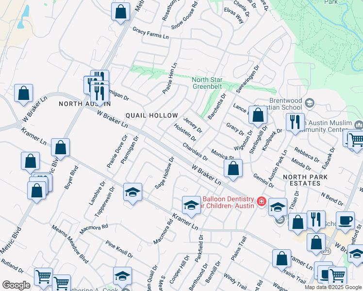 map of restaurants, bars, coffee shops, grocery stores, and more near 1510 West Braker Lane in Austin