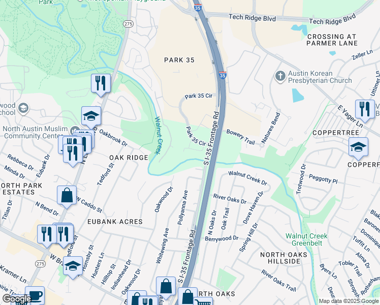 map of restaurants, bars, coffee shops, grocery stores, and more near 12012 Park 35 Circle in Austin