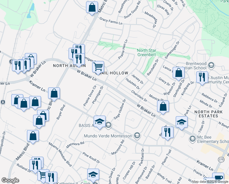 map of restaurants, bars, coffee shops, grocery stores, and more near 1760 Cricket Hollow Drive in Austin