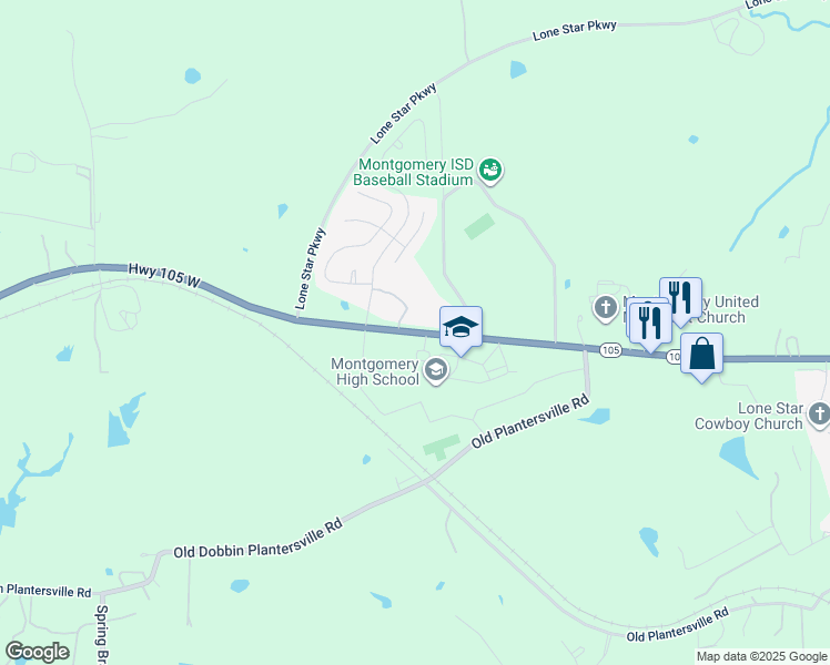 map of restaurants, bars, coffee shops, grocery stores, and more near 22970 Texas 105 in Montgomery