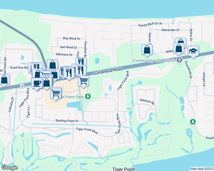 map of restaurants, bars, coffee shops, grocery stores, and more near 1415 Tiger Lake Drive in Gulf Breeze