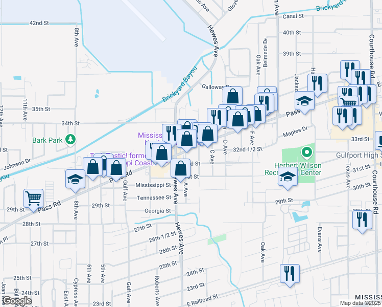 map of restaurants, bars, coffee shops, grocery stores, and more near 517 Pass Road in Gulfport