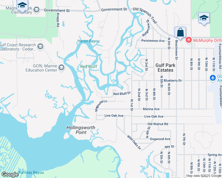 map of restaurants, bars, coffee shops, grocery stores, and more near 9532 Red Bluff Drive in Ocean Springs