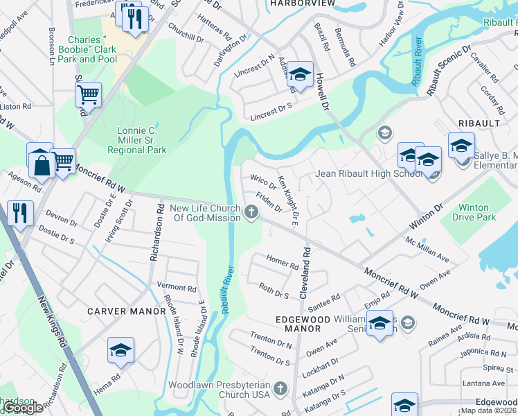 map of restaurants, bars, coffee shops, grocery stores, and more near 4526 Moncrief Road West in Jacksonville