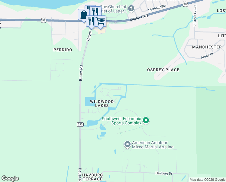map of restaurants, bars, coffee shops, grocery stores, and more near 12000 Ailanthus Court in Pensacola