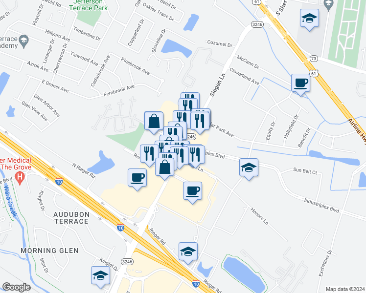map of restaurants, bars, coffee shops, grocery stores, and more near 10839 Honore Lane in Baton Rouge