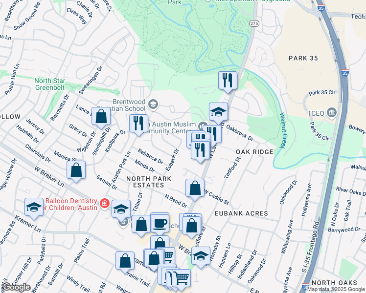 map of restaurants, bars, coffee shops, grocery stores, and more near 11801 Eubank Drive in Austin