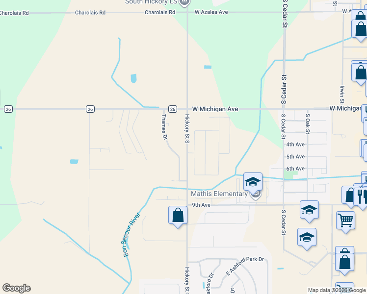 map of restaurants, bars, coffee shops, grocery stores, and more near 1506 Hickory Street South in Foley