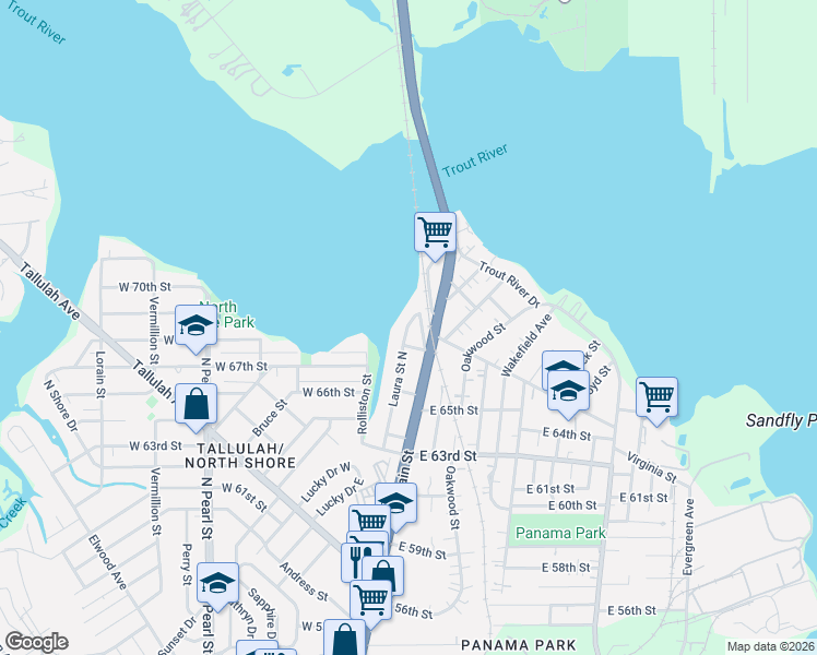 map of restaurants, bars, coffee shops, grocery stores, and more near 7664 Laura Street North in Jacksonville
