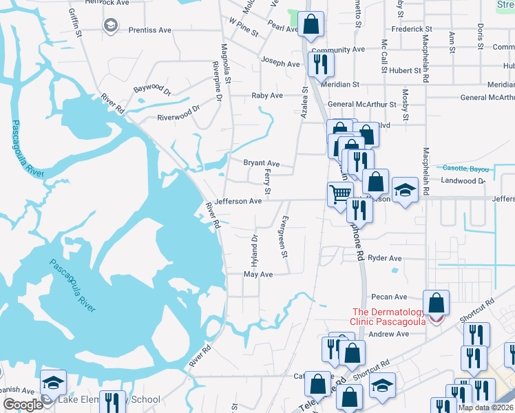 map of restaurants, bars, coffee shops, grocery stores, and more near 3709 Oakridge St in Pascagoula
