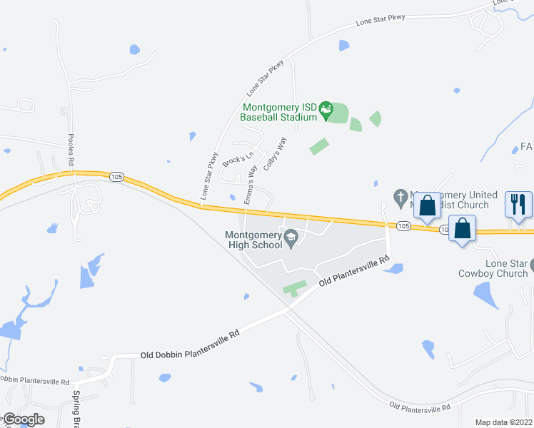 map of restaurants, bars, coffee shops, grocery stores, and more near 22974 Texas 105 in Montgomery