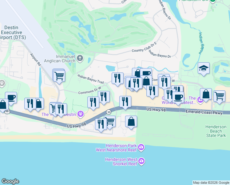 map of restaurants, bars, coffee shops, grocery stores, and more near 4207 Indian Bayou Trail in Destin