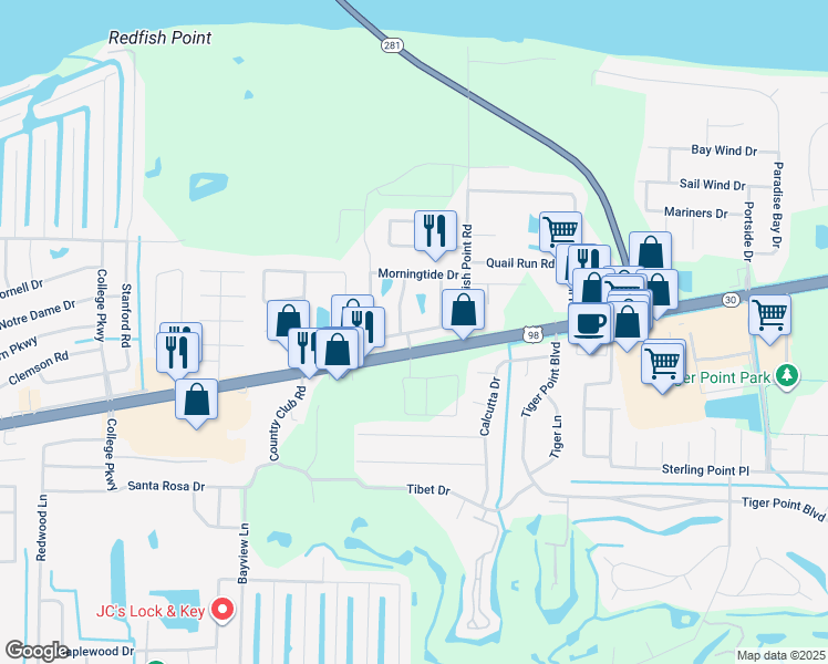 map of restaurants, bars, coffee shops, grocery stores, and more near 3535 Southwind Drive in Gulf Breeze