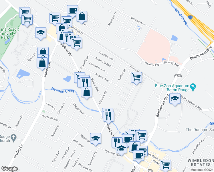 map of restaurants, bars, coffee shops, grocery stores, and more near 9589 Macedonia Avenue in Baton Rouge