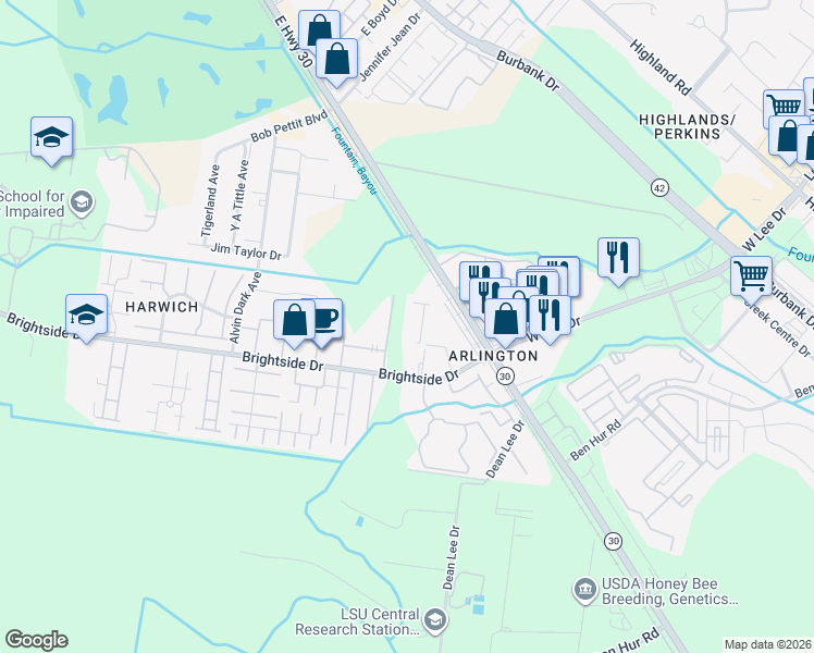 map of restaurants, bars, coffee shops, grocery stores, and more near 5080 Oleson Street in Baton Rouge