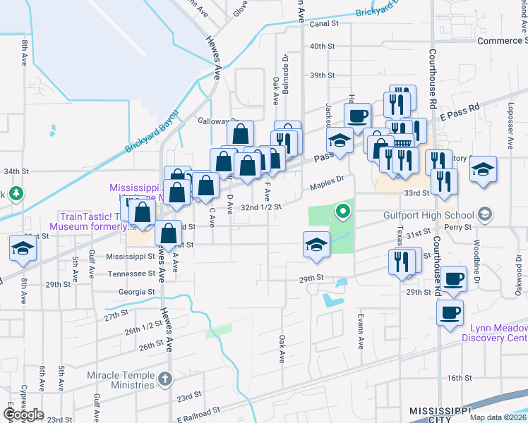 map of restaurants, bars, coffee shops, grocery stores, and more near 301 32nd Street in Gulfport