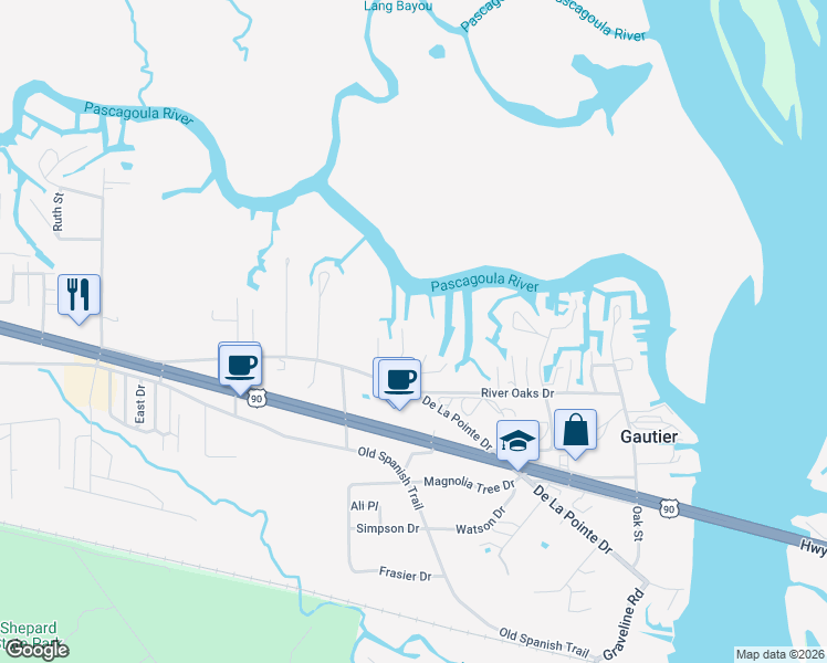 map of restaurants, bars, coffee shops, grocery stores, and more near 3401 Milstead Road in Gautier