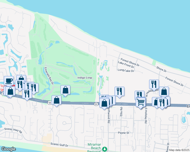 map of restaurants, bars, coffee shops, grocery stores, and more near 472 Indigo Loop in Destin