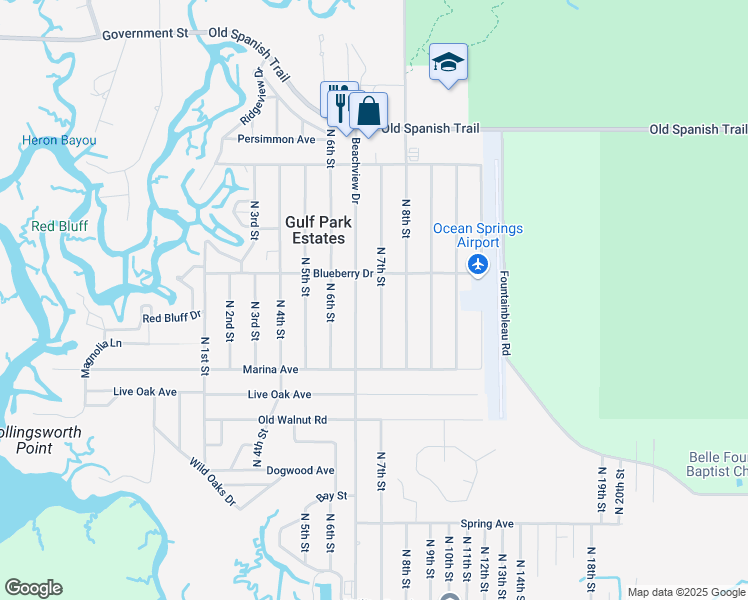 map of restaurants, bars, coffee shops, grocery stores, and more near 3305 North 7th Street in Ocean Springs