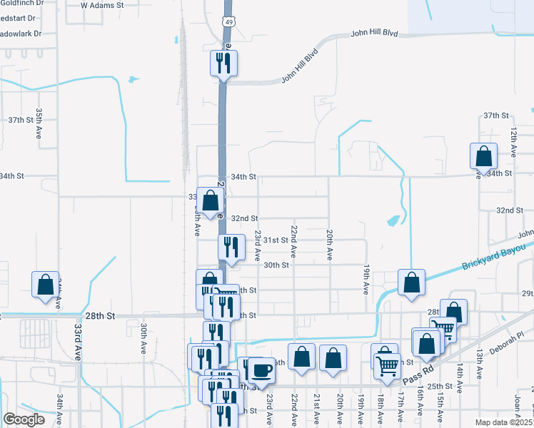 map of restaurants, bars, coffee shops, grocery stores, and more near 2240 32nd Street in Gulfport