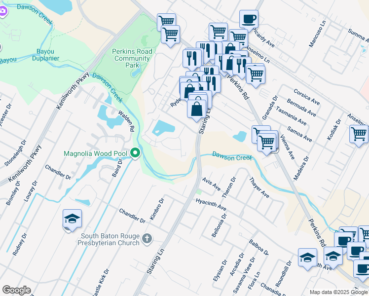 map of restaurants, bars, coffee shops, grocery stores, and more near 1724 Cedar Lake Drive in Baton Rouge