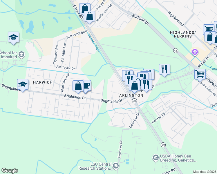 map of restaurants, bars, coffee shops, grocery stores, and more near 5080 Oleson Street in Baton Rouge