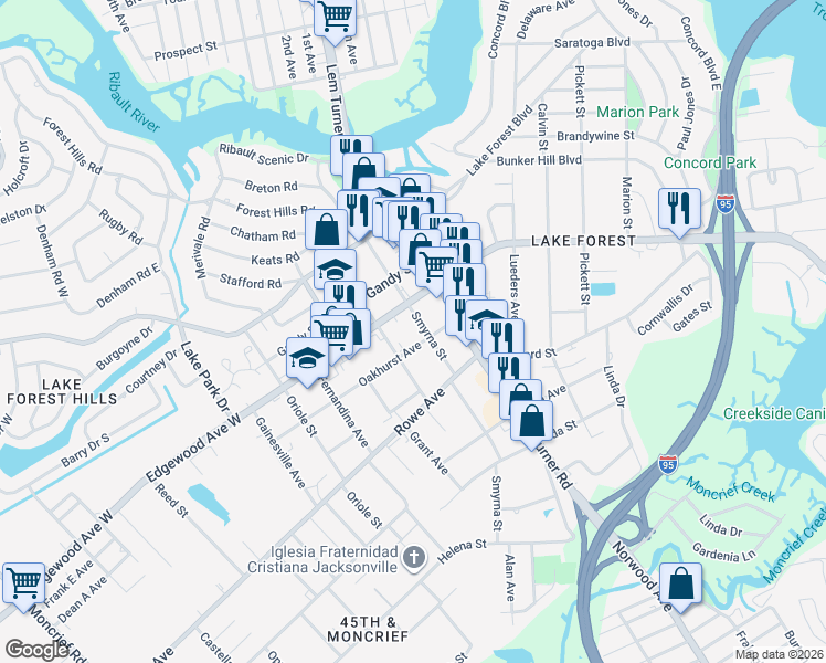 map of restaurants, bars, coffee shops, grocery stores, and more near in Jacksonville