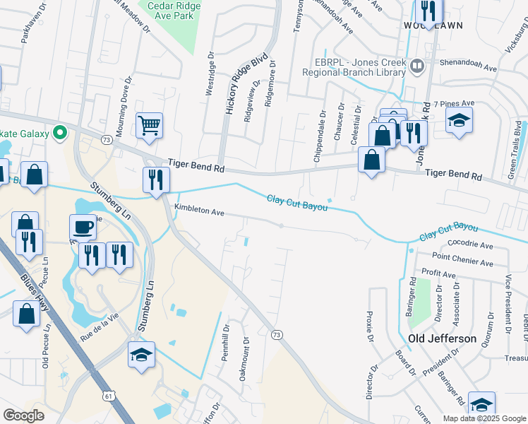 map of restaurants, bars, coffee shops, grocery stores, and more near 13735 Kimbleton Avenue in Baton Rouge
