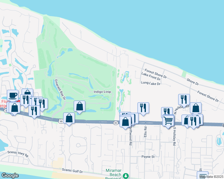 map of restaurants, bars, coffee shops, grocery stores, and more near 482 Indigo Loop in Miramar Beach