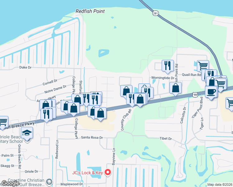 map of restaurants, bars, coffee shops, grocery stores, and more near 3405 Green Briar Circle in Gulf Breeze