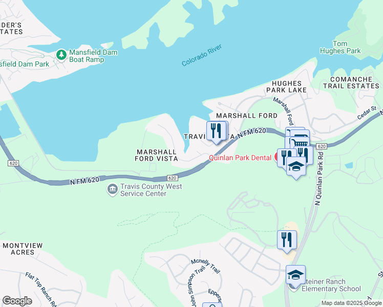 map of restaurants, bars, coffee shops, grocery stores, and more near 13103 Mansfield Circle in Austin