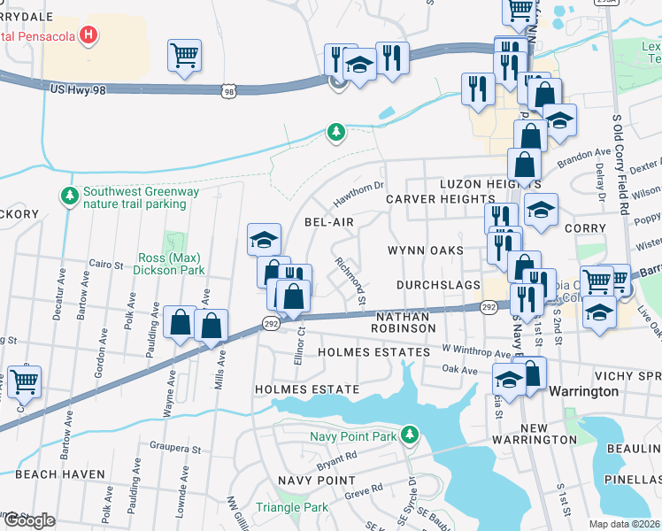 map of restaurants, bars, coffee shops, grocery stores, and more near 624 Edward Street in Pensacola