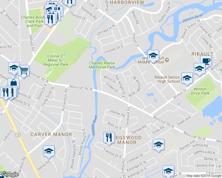 map of restaurants, bars, coffee shops, grocery stores, and more near 4528 Friden Drive in Jacksonville