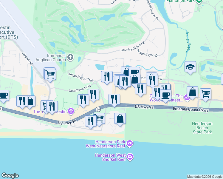 map of restaurants, bars, coffee shops, grocery stores, and more near 4201 Indian Bayou Trail in Destin