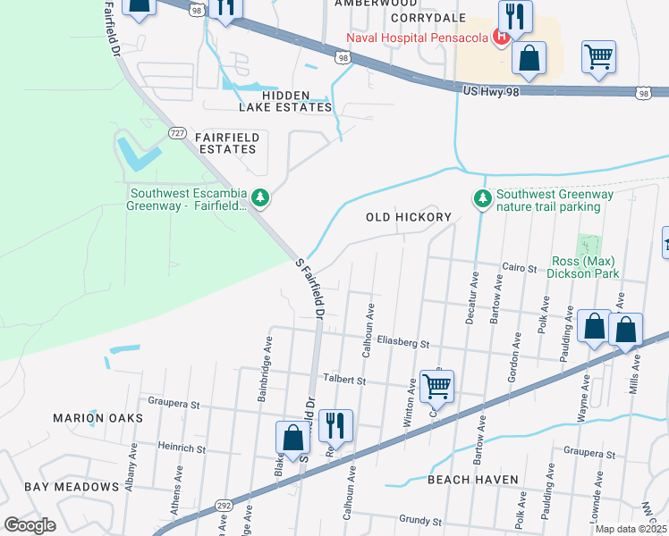 map of restaurants, bars, coffee shops, grocery stores, and more near 7691 Old Hickory Drive in Pensacola
