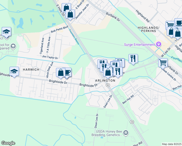 map of restaurants, bars, coffee shops, grocery stores, and more near 5080 Oleson Street in Baton Rouge
