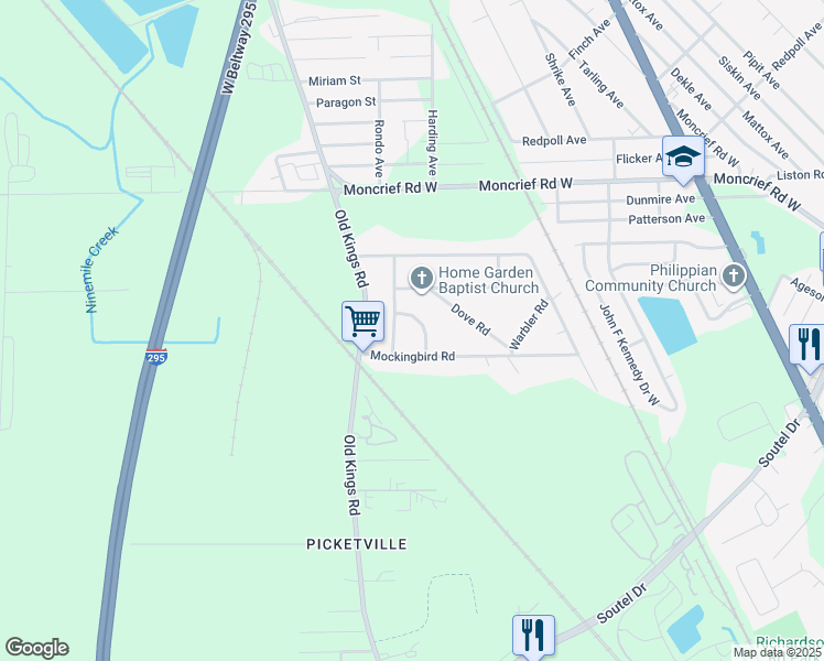 map of restaurants, bars, coffee shops, grocery stores, and more near 7553 Canary Road in Jacksonville