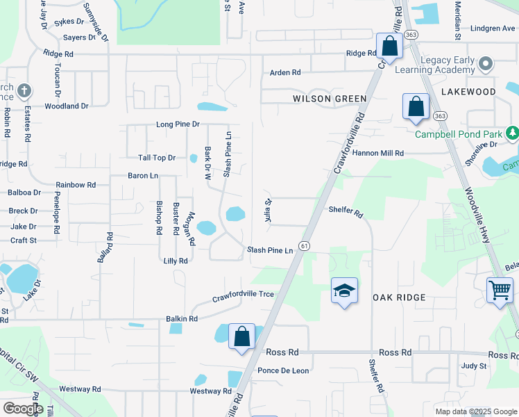 map of restaurants, bars, coffee shops, grocery stores, and more near 4214 Julia Street in Tallahassee