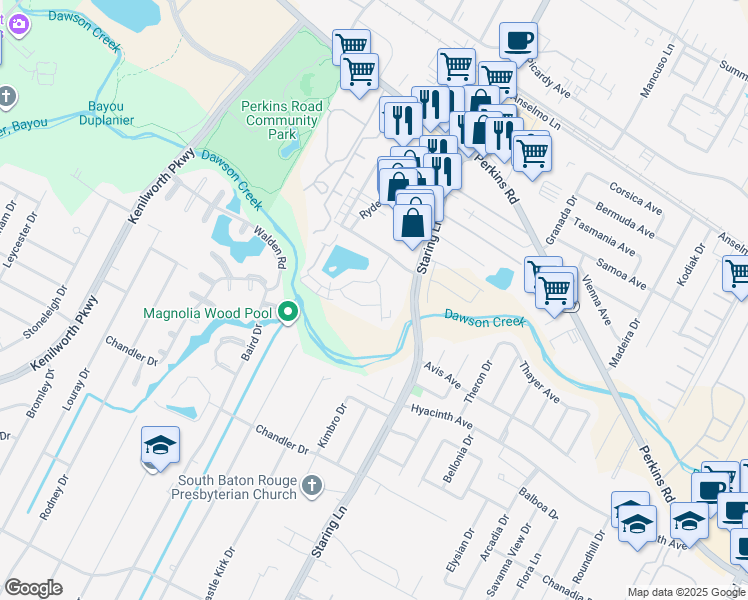 map of restaurants, bars, coffee shops, grocery stores, and more near 1724 Cedar Lake Drive in Baton Rouge