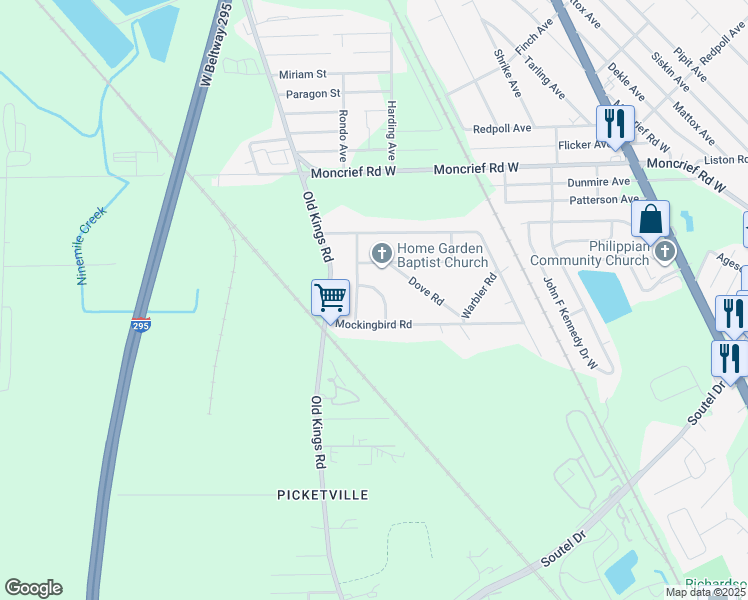 map of restaurants, bars, coffee shops, grocery stores, and more near 7553 Canary Road in Jacksonville