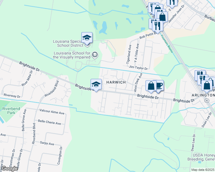 map of restaurants, bars, coffee shops, grocery stores, and more near 1473 Harwich Drive in Baton Rouge