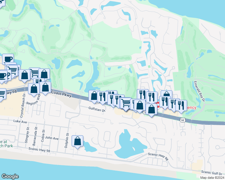 map of restaurants, bars, coffee shops, grocery stores, and more near 281 Vinings Way Boulevard in Destin