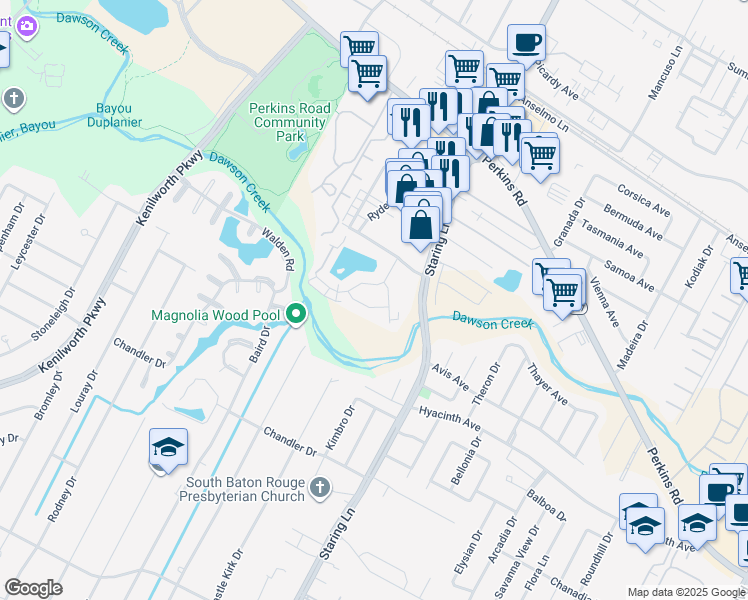 map of restaurants, bars, coffee shops, grocery stores, and more near 1536 Lake Calais Court in Baton Rouge