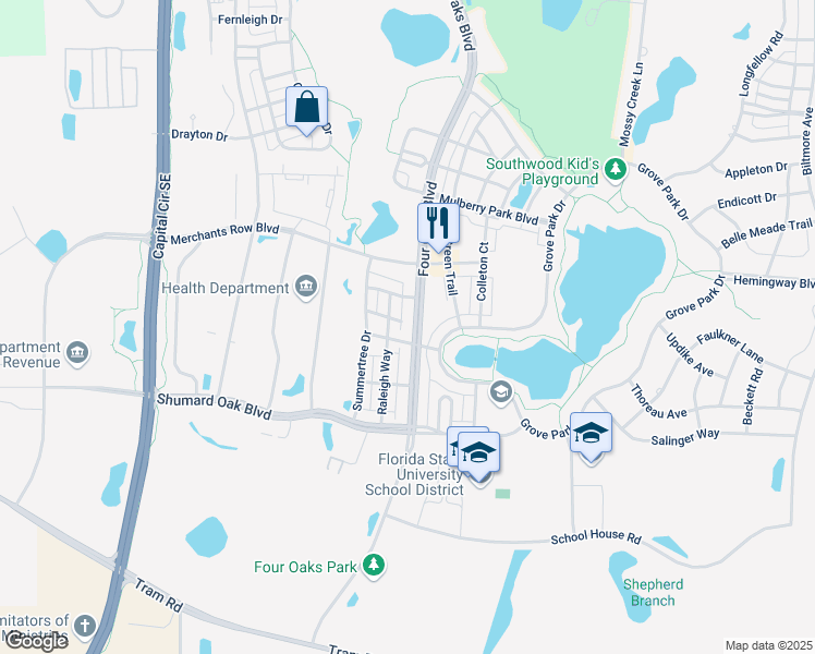 map of restaurants, bars, coffee shops, grocery stores, and more near 4142 Four Oaks Boulevard in Tallahassee