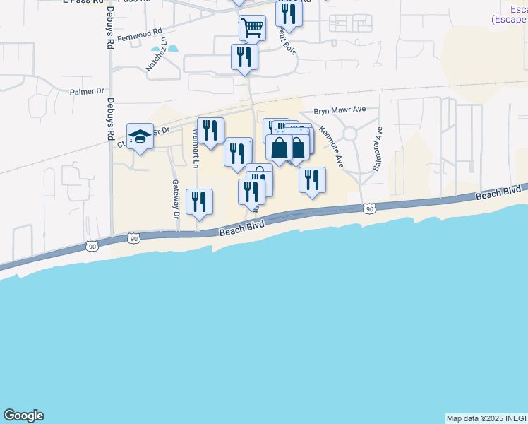 map of restaurants, bars, coffee shops, grocery stores, and more near 2626 Beach Boulevard in Biloxi