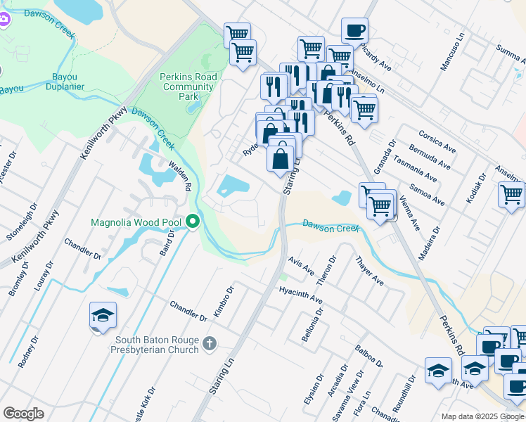 map of restaurants, bars, coffee shops, grocery stores, and more near 1724 Cedar Lake Drive in Baton Rouge